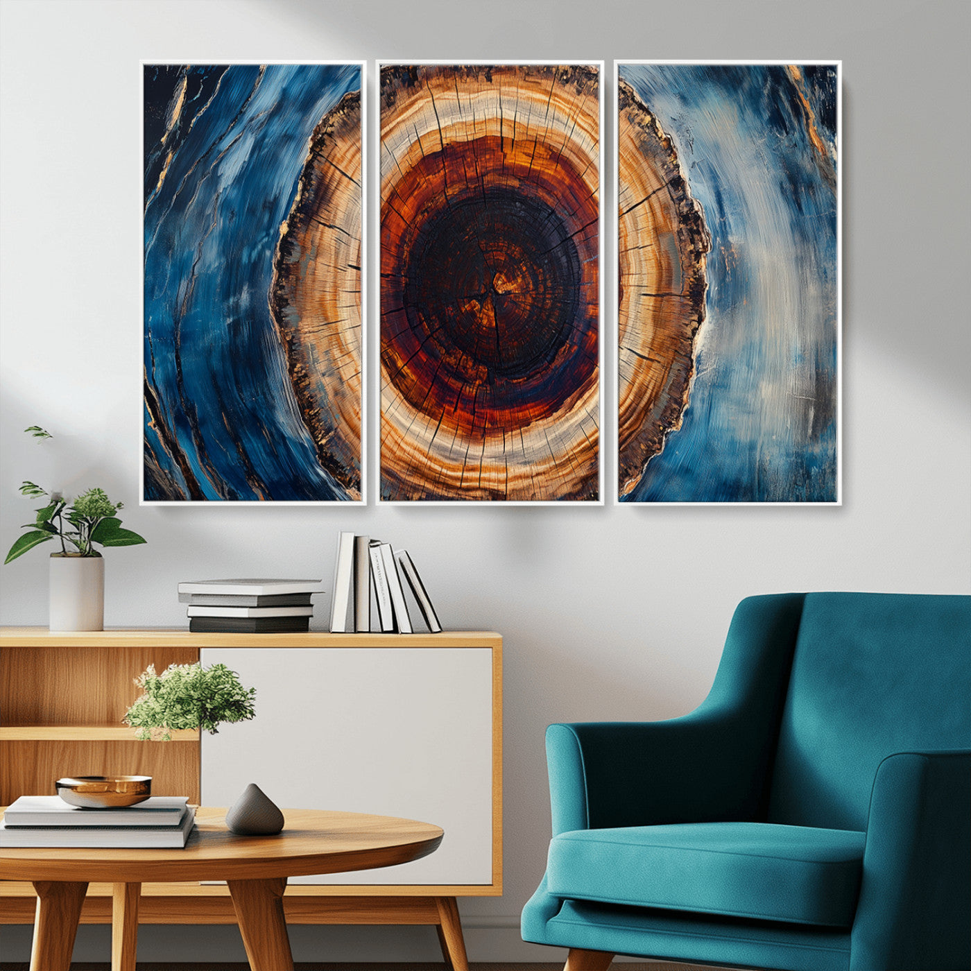 MGV-FC-48X32-3P - Framed Abstract Tree Ring Wall Art Print, Natural Rustic Wood Texture Canvas Print, Wood Tree Stump