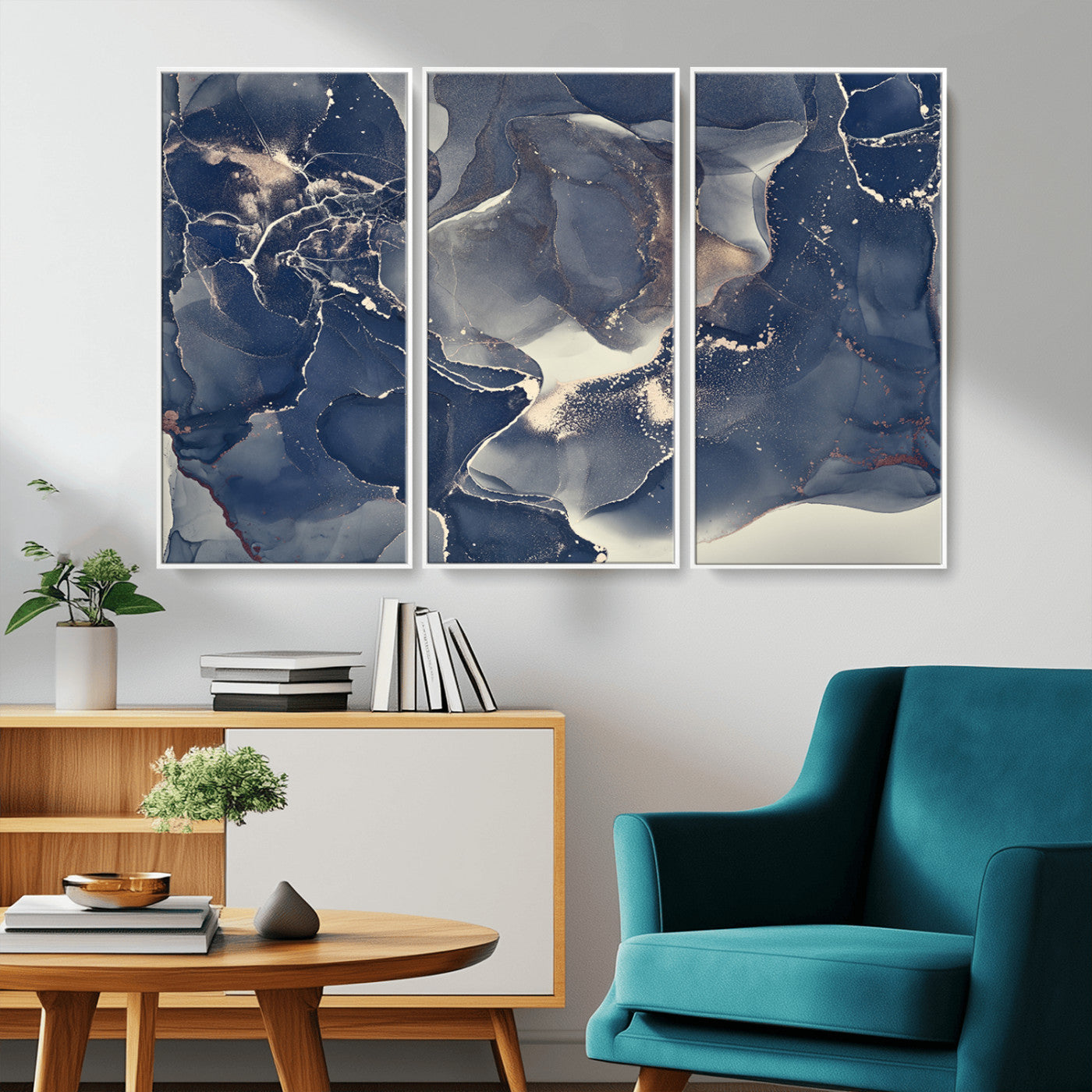 MGV-FC-48X32-3P - Large Abstract Blue and Gold Canvas Wall Art | Fluid Ink Artwork Print | Luxury Wall Decor for