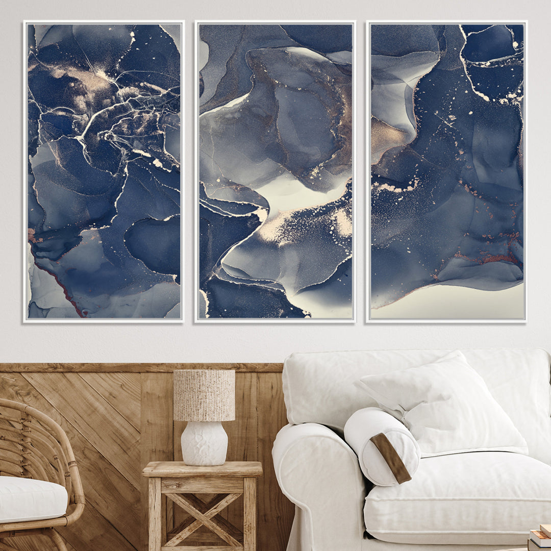 Large Abstract Blue and Gold Canvas Wall Art | Fluid Ink Artwork Print | Luxury Wall Decor for Contemporary Interiors | Framed Ready to Hang