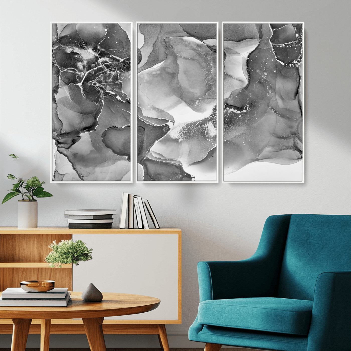 MGV-FC-48X32-3P - Black White Abstract Canvas Wall Art - Fluid Ink Artwork - Modern Luxury Wall Decor for Contemporary