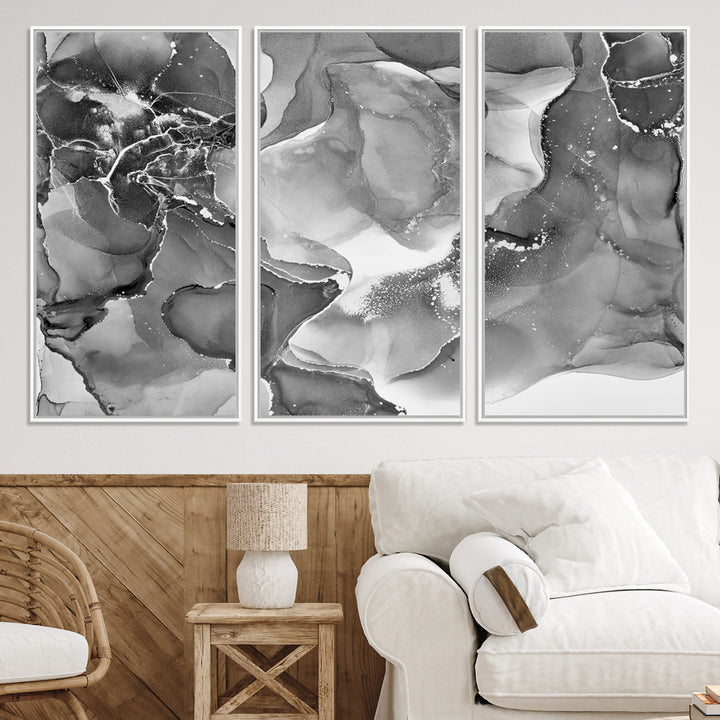 Black White Abstract Canvas Wall Art - Fluid Ink Artwork - Modern Luxury Wall Decor for Contemporary Interiors
