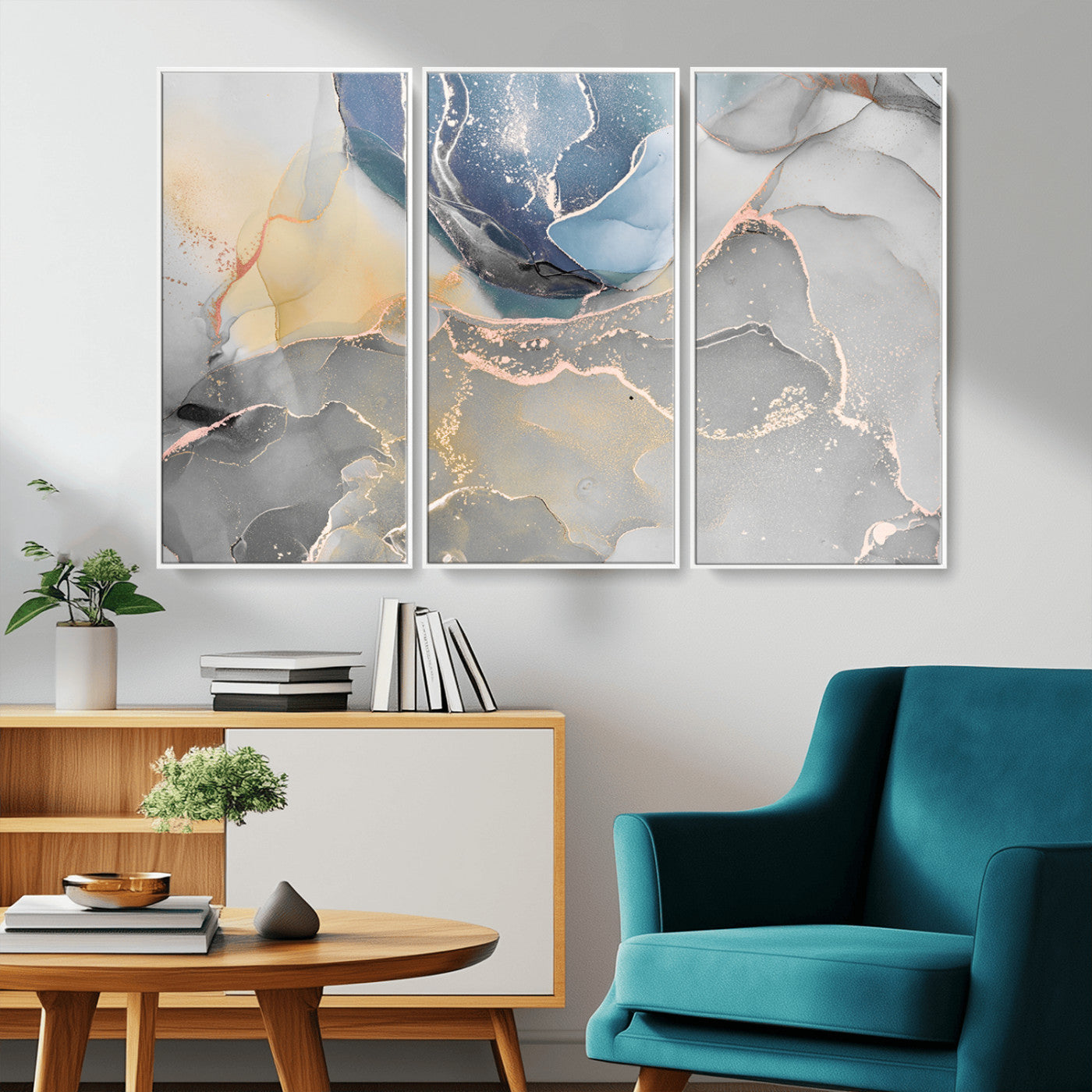 MGV-FC-48X32-3P - Large Abstract Blue and Gold Canvas Wall Art | Fluid Ink Artwork Print | Luxury Wall Decor for