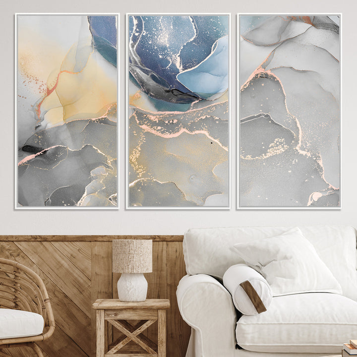 Large Abstract Blue and Gold Canvas Wall Art | Fluid Ink Artwork Print | Luxury Wall Decor for Contemporary Interiors | Framed Blue and Gold