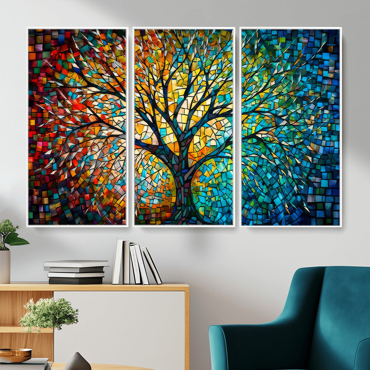 99325-MGV-CV-36X24 - Yggdrasil Tree of Life Wall Art Print Canvas | Mosaic Style 3-Panel Canvas Print