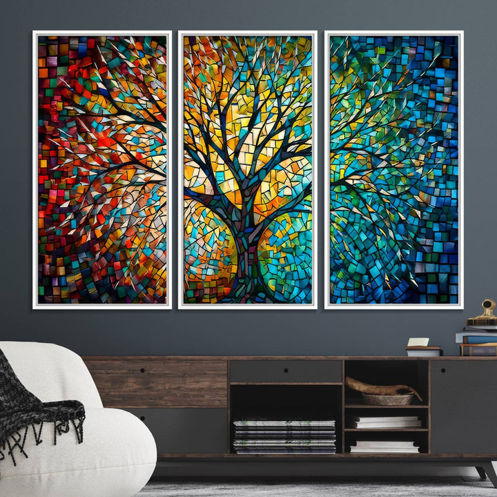 Explore the Yggdrasil Tree of Life Wall Art Print, a 3-panel canvas print made in the USA, featuring a vibrant multicolor mosaic design.