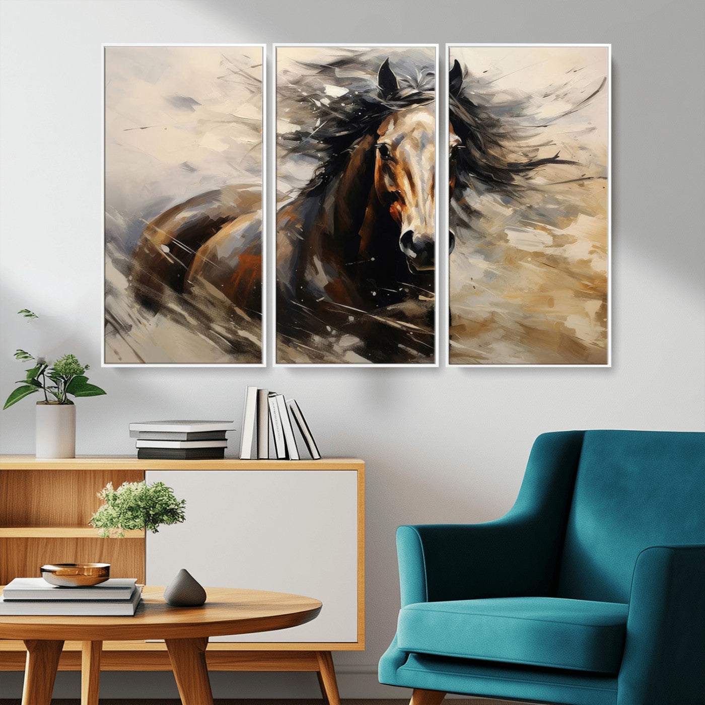 MGV-FC-48X32-3P - Abstract Wall Art Horse Print - Large Western Horse Canvas - Farmhouse Woodland Wall Art - Framed