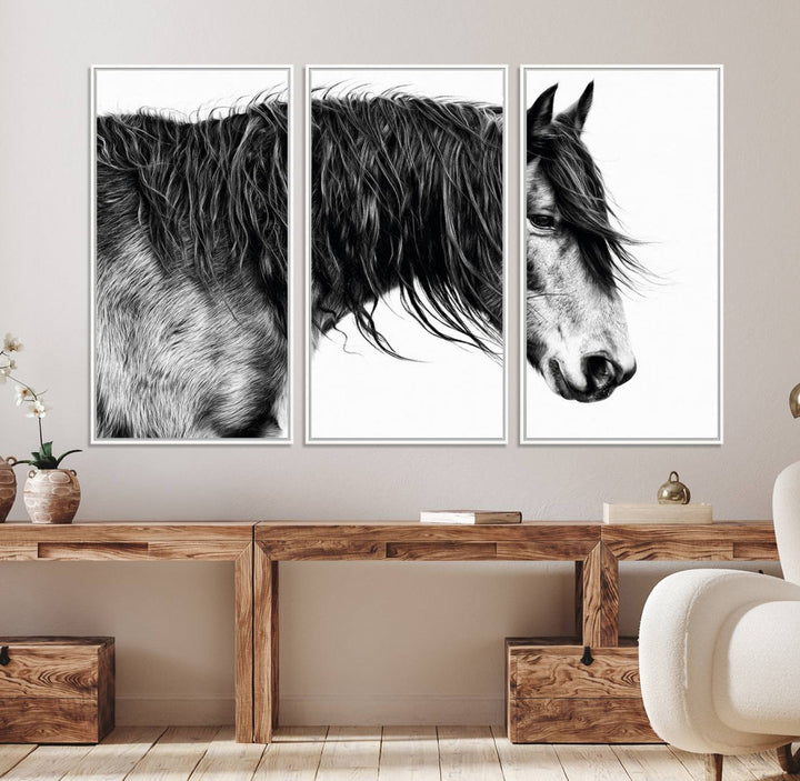 Black Horse Wall Art Canvas Print for farmhouse decor on the kitchen wall.