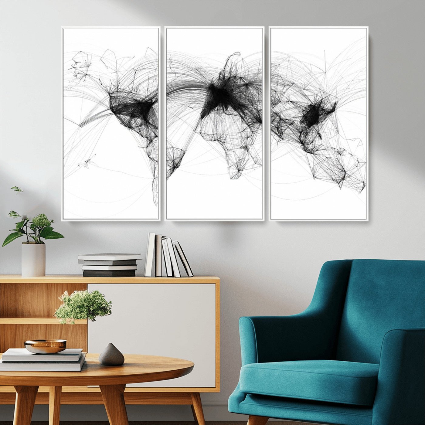 A minimalist abstract world map created from interconnected black lines representing global connectivity and communication networks.