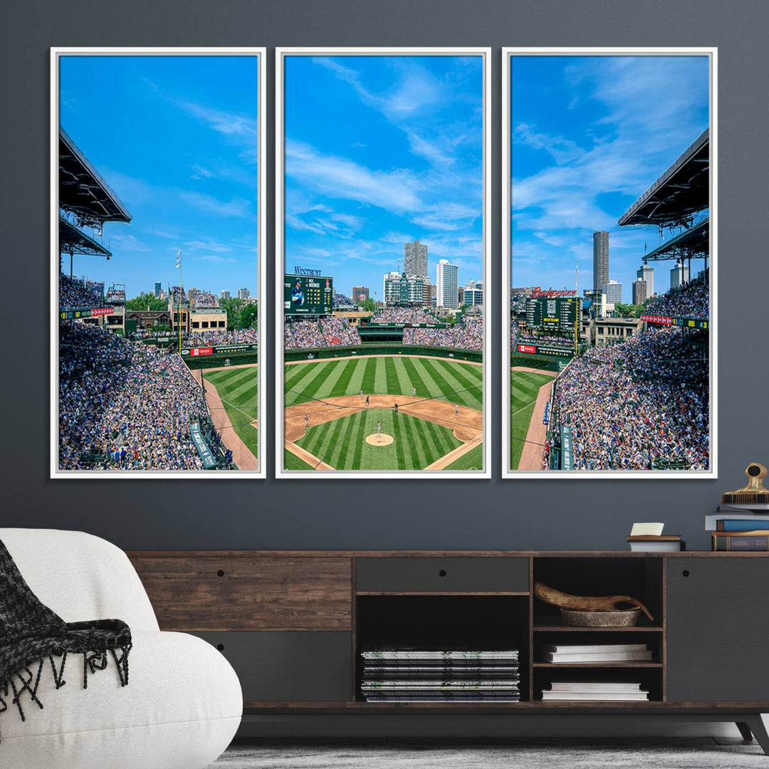 The Wrigley Field Chicago Cubs canvas art, depicting the iconic stadium, is perfect for sports lovers.