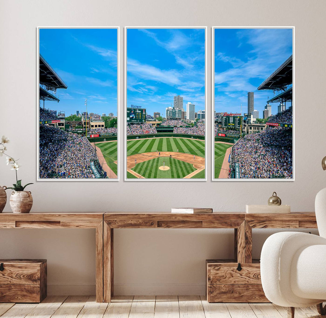 Panoramic view of Wrigley Field, ideal for the Wrigley Field Chicago Cubs Panoramic Canvas Wall Art - Ready to Hang.