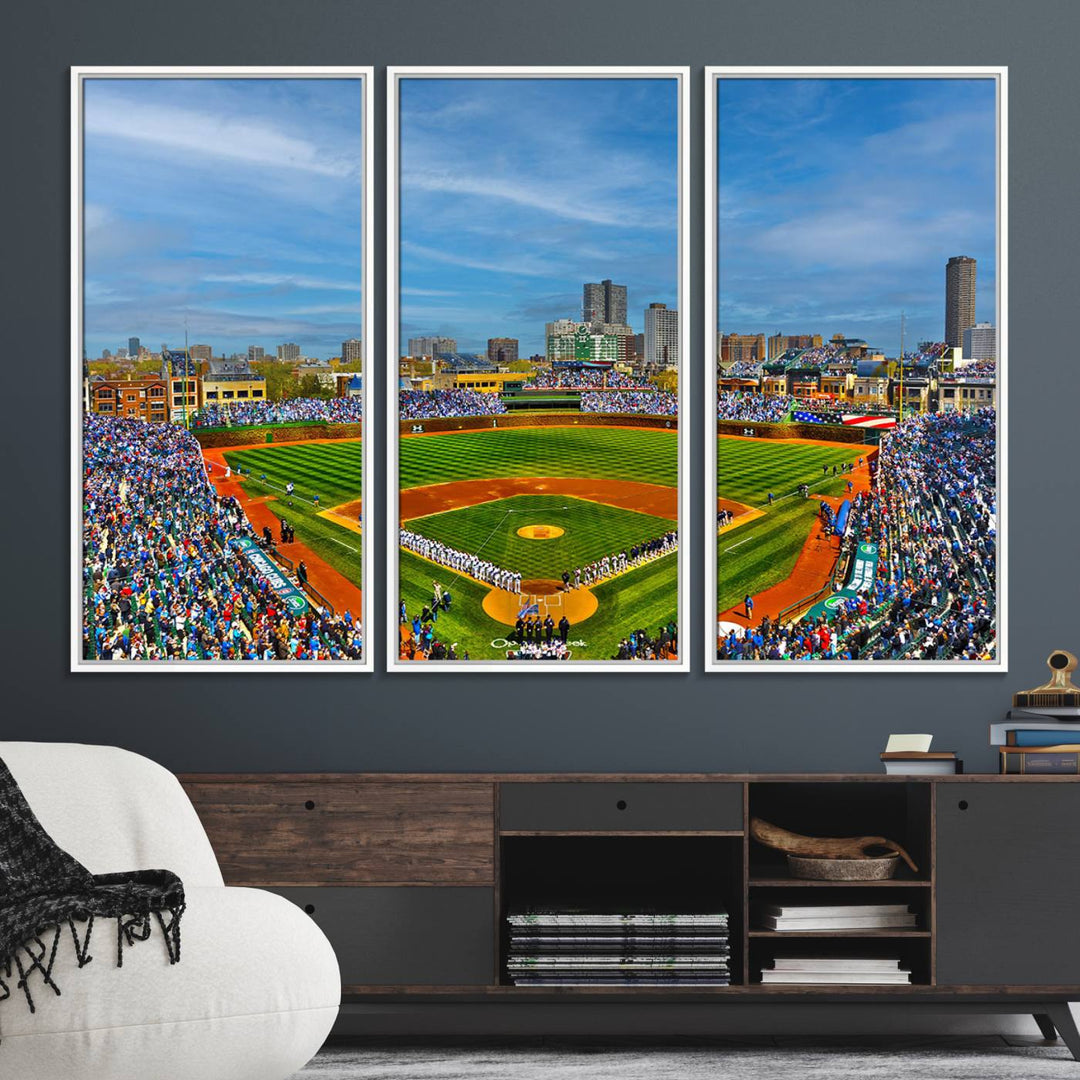 The Wrigley Field Cubs Panoramic Canvas Art hangs prominently in the modern living room.