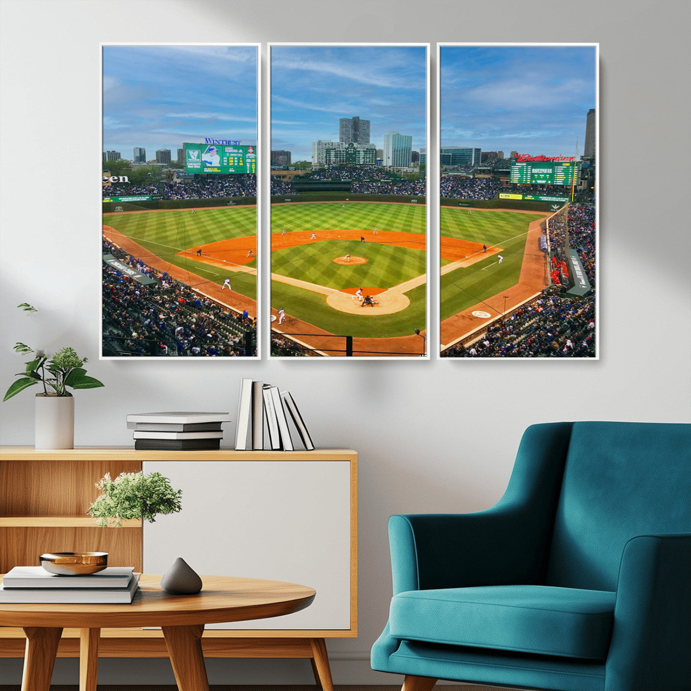MGV-FC-48X32-3P - Wrigley Field Chicago Cubs Panoramic Multi Piece Canvas Wall Art - Iconic Baseball Stadium Print for