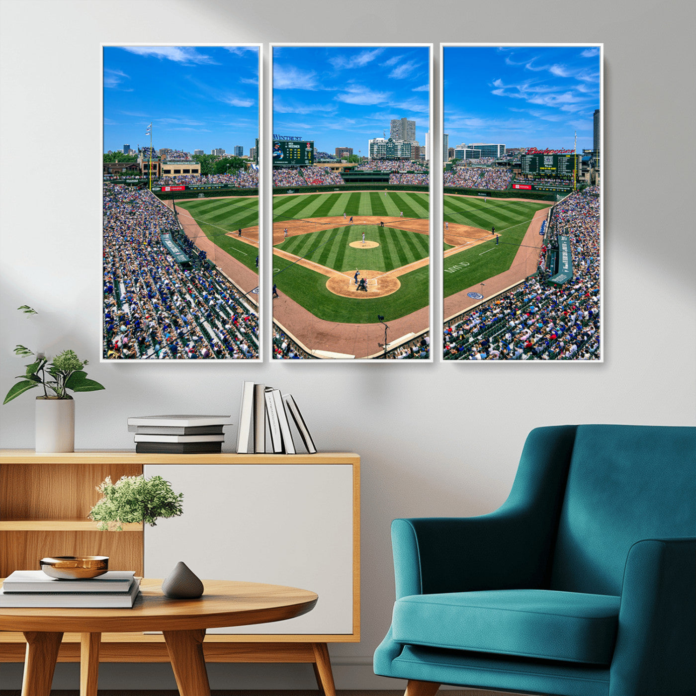 MGV-FC-48X32-3P - Framed Wrigley Field Chicago Cubs Print, Panoramic Multi Piece Canvas Wall Art - Iconic Baseball