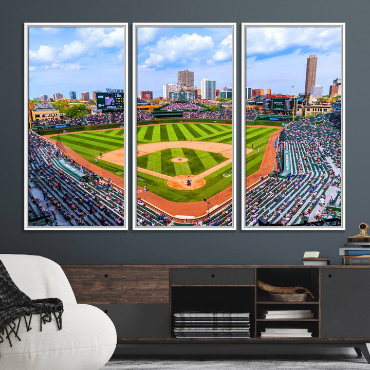 A 3-piece panoramic canvas wall art showcases an aerial view of a packed Chicago Cubs game at Wrigley Field, perfect for sports lovers.