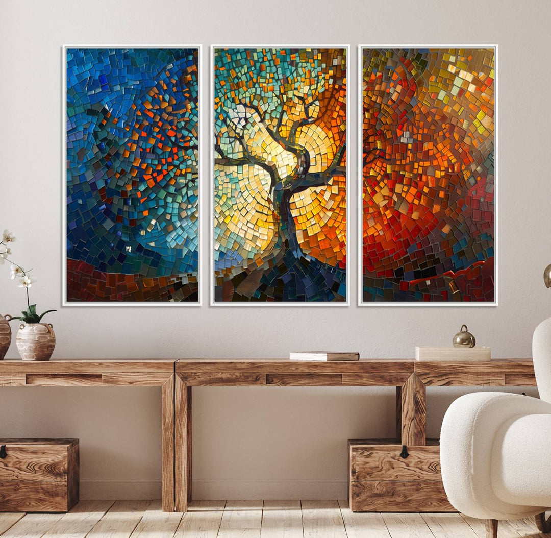 Mosaic Tree Canvas Wall Art: A stunning stained glass-inspired Tree of Life featuring blue and orange swirling patterns reminiscent of a sunburst.