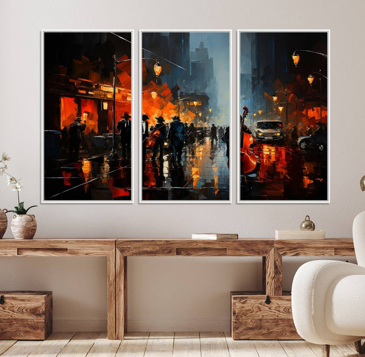 Framed Abstract Music Canvas: Jazz musicians on a rainy city street at night, with warm lights reflecting on wet pavement.