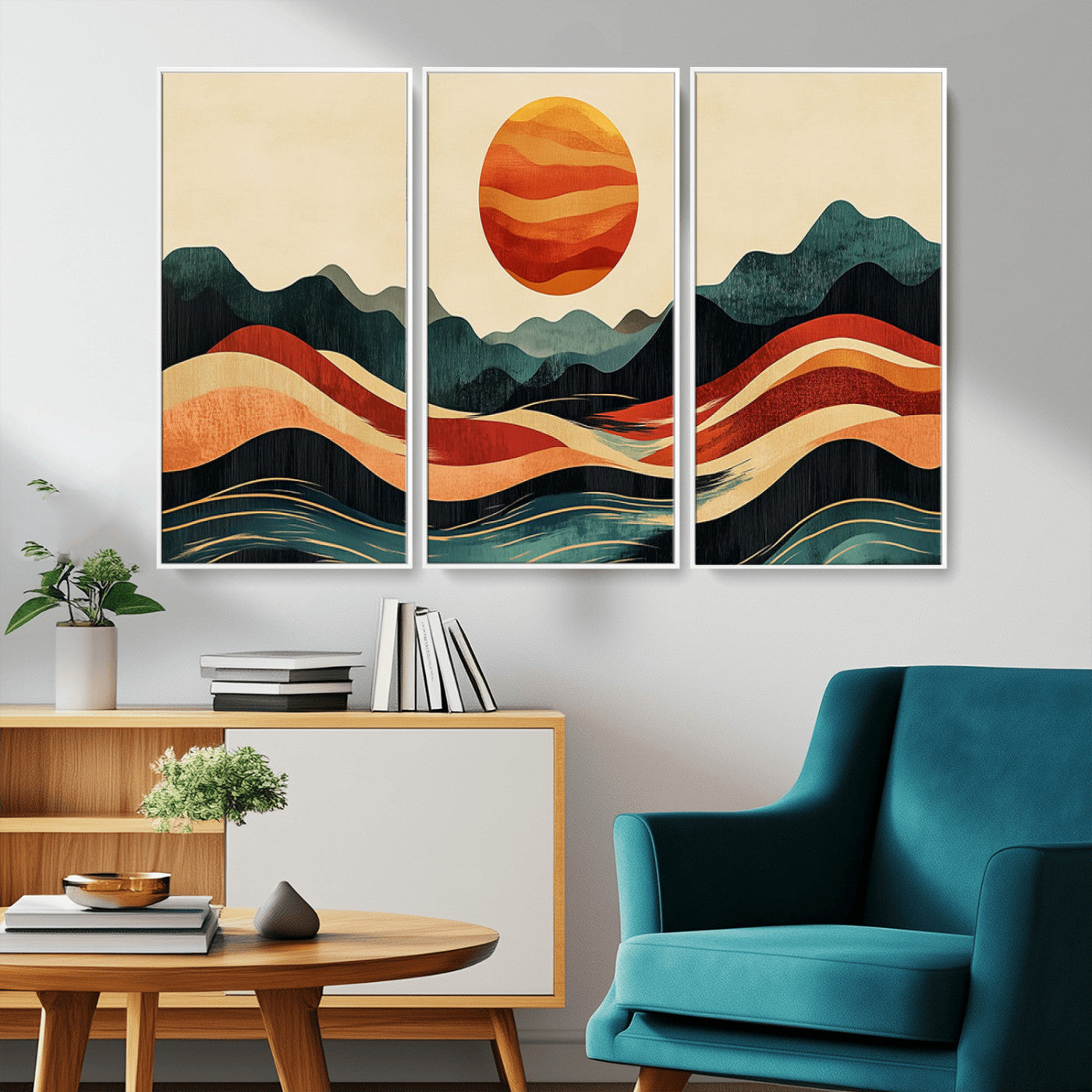 MGV-FC-48X32-3P - Mountain Triptych Wall Art - Western Nature Prints - Framed Boho Pine Tree Canvas for Log Cabin or