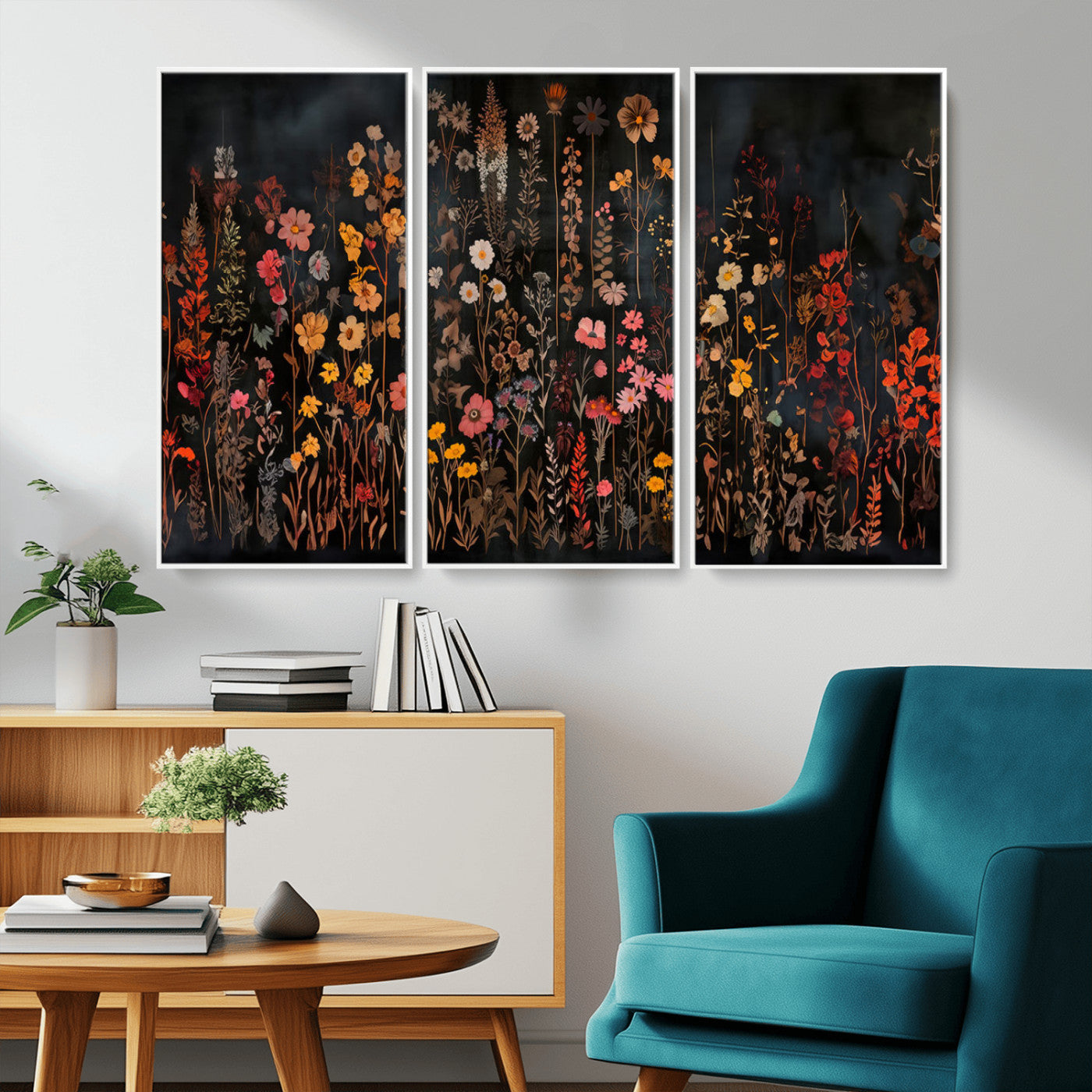 MGV-FC-48X32-3P - Dark Floral Canvas Wall Art - Moody Botanical Flower Print - Rustic Floral Wall Decor for Home -