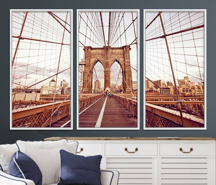 The three-panel "Wall Art New York Manhattan Cityscape Canvas Print" of the Brooklyn Bridge makes an ideal addition to minimalist interiors, capturing the essence of abstract expressionism.