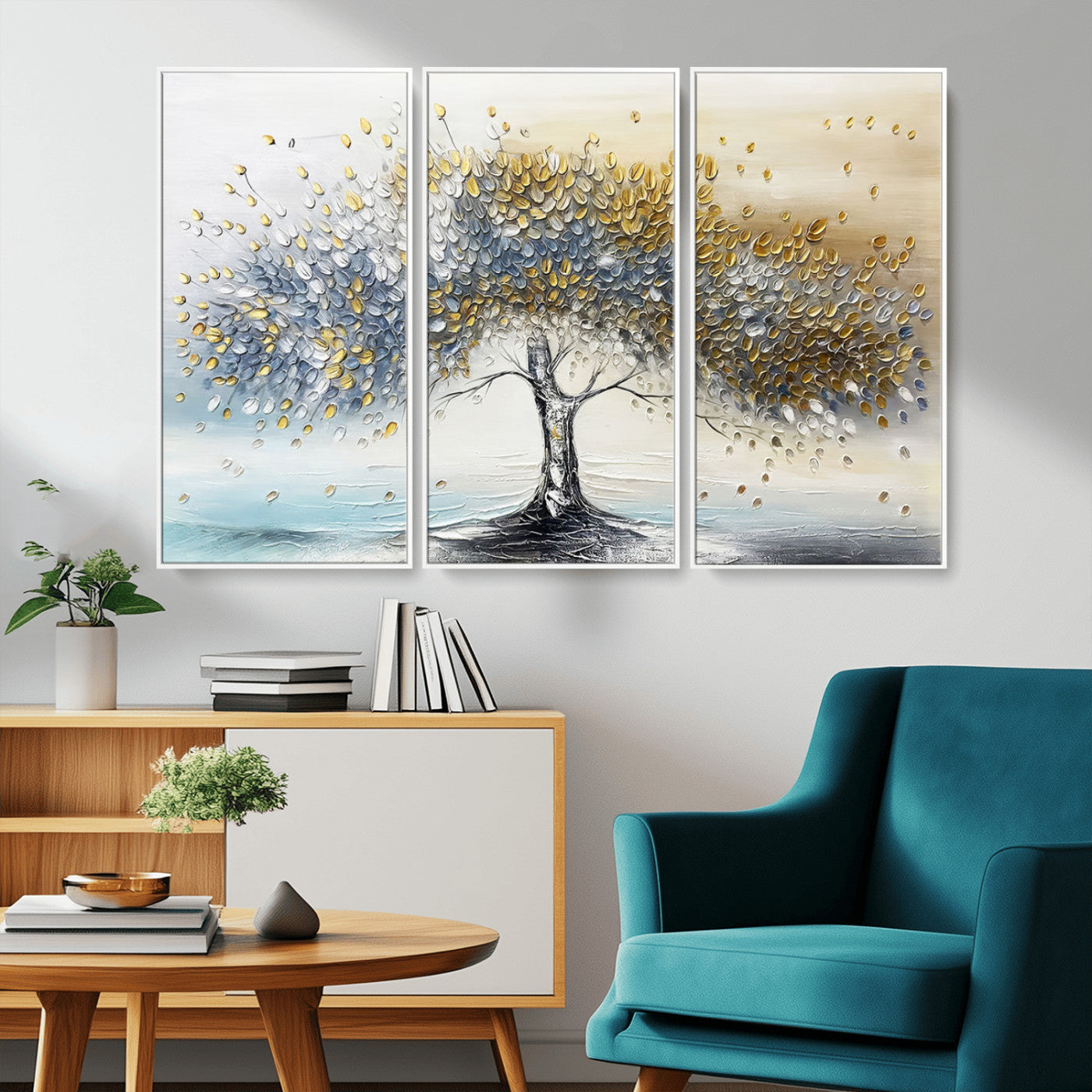 An elegant impasto painting featuring a tree with shimmering silver and gold leaves, blending soft pastels to create a calm and sophisticated atmosphere.
