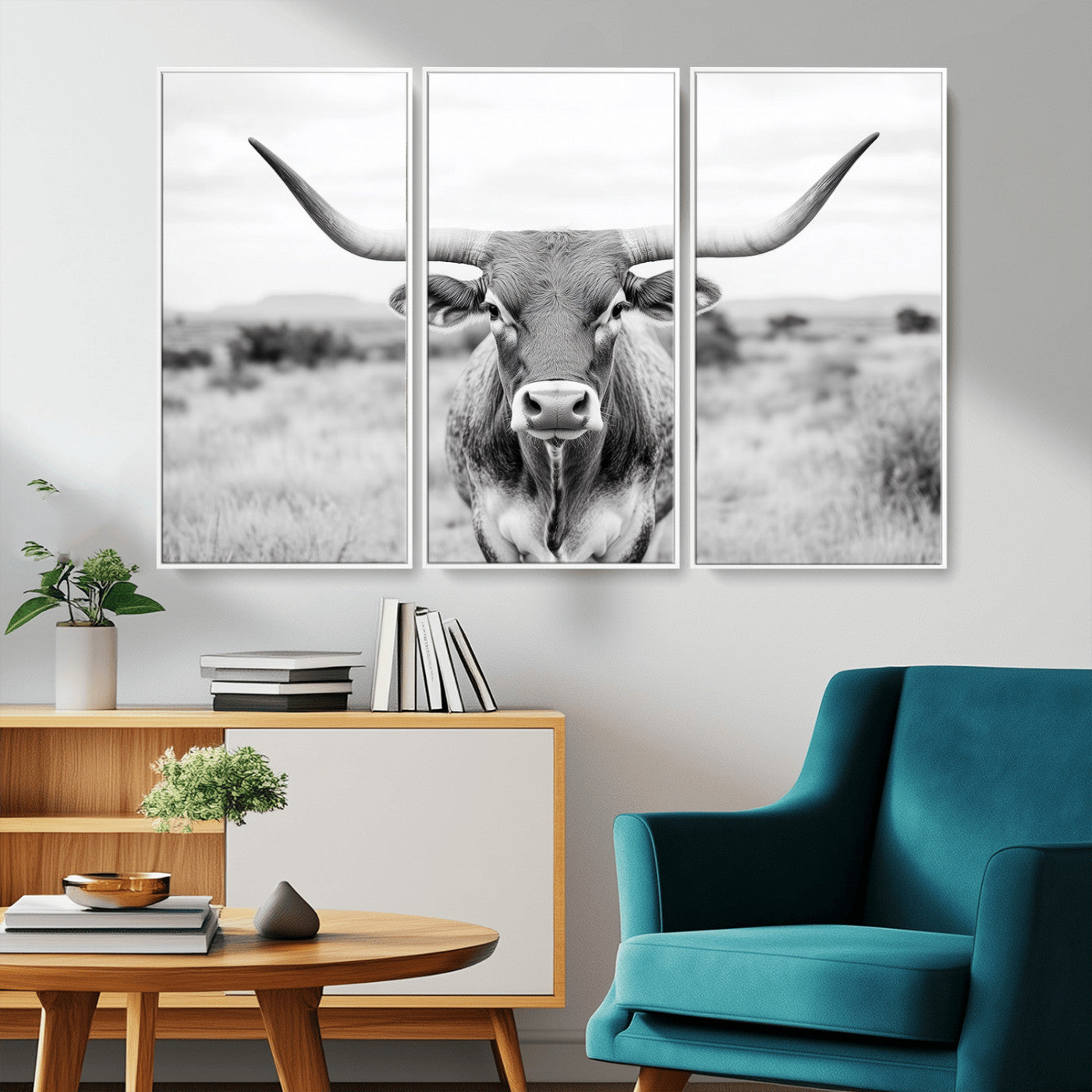 MGV-FC-48X32-3P - Highland Cow Wall Art Print - Black and White Texas Western Longhorn Canvas - Farmhouse Decor Print