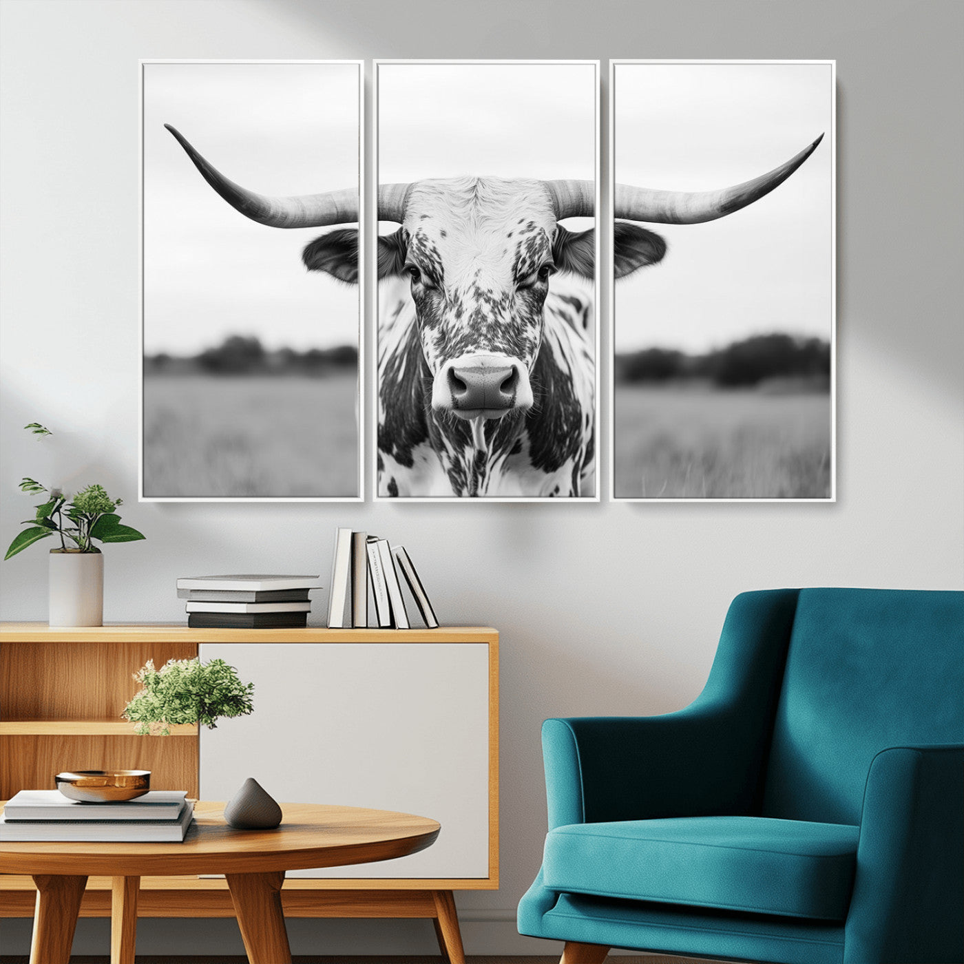 MGV-FC-48X32-3P - Highland Cow Wall Art - Black and White Western Longhorn Canvas Print - Farmhouse Living Room Decor