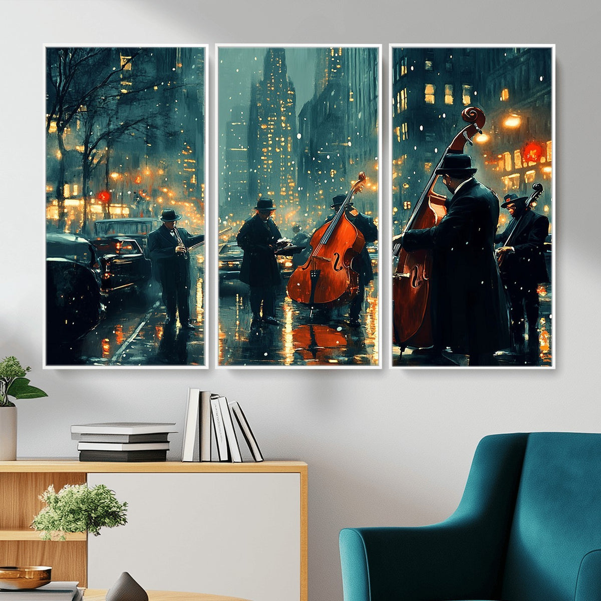 53391-MGV-CV-24X16 - Urban Night Jazz Wall Art Canvas Print | Moody Rain Soaked City Street Band Scene