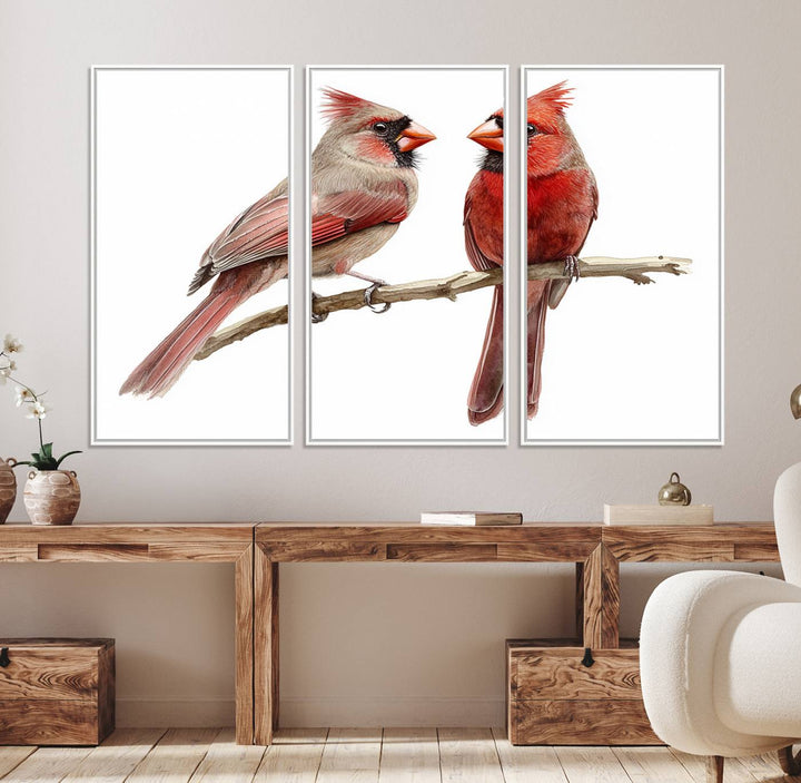 The Cardinal Bird Canvas Wall Art showcases two cardinals on a branch.