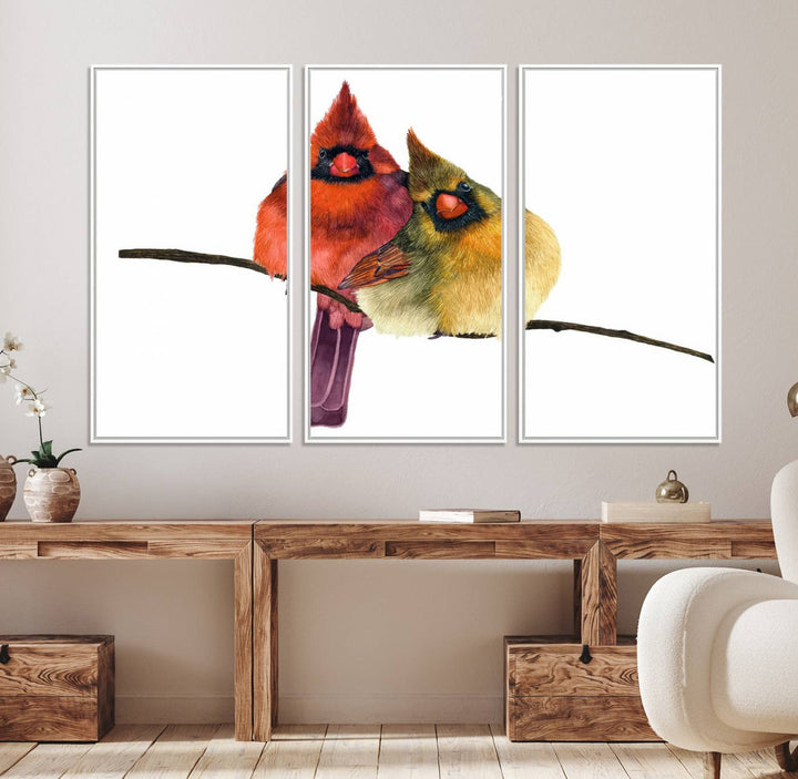 The Cardinal Bird Canvas Wall Art showcases vibrant male and female cardinals, capturing the beauty of nature in vivid detail.