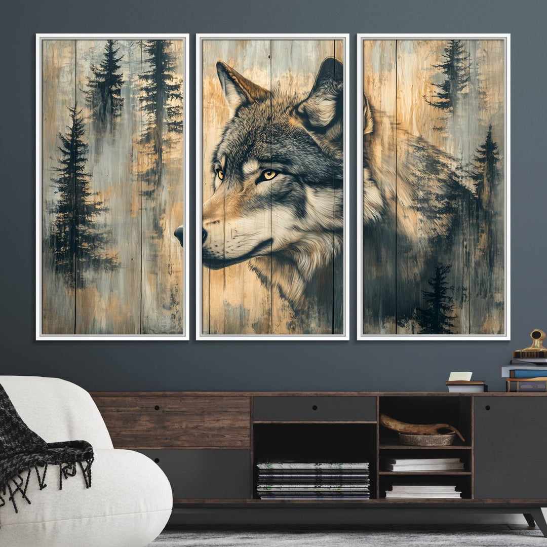 A Wood Style Rustic Wolf Wall Art Canvas Print adorns the kitchen.