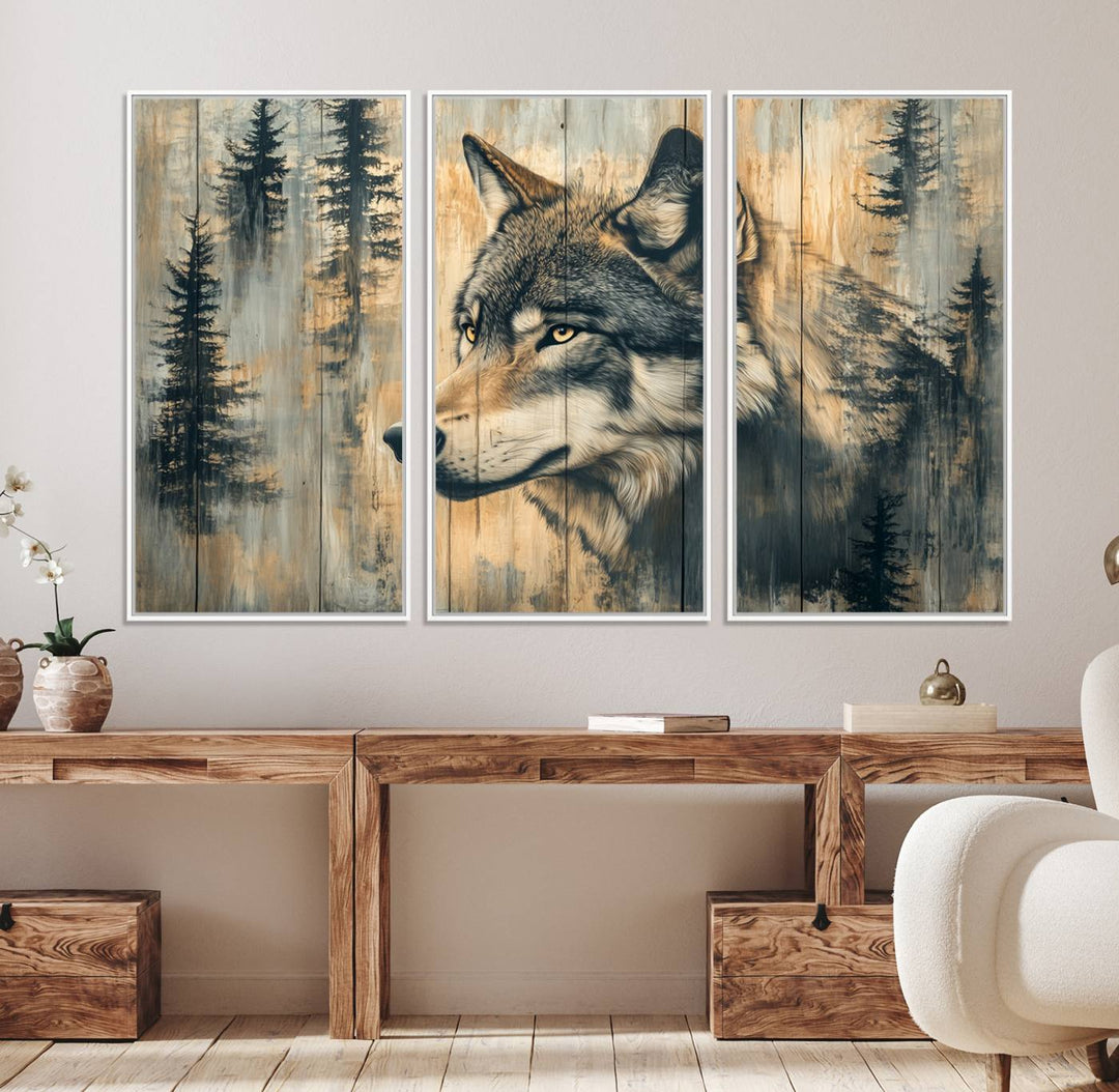 Above the counter is a Wood Style Rustic Wolf Wall Art Canvas Print.