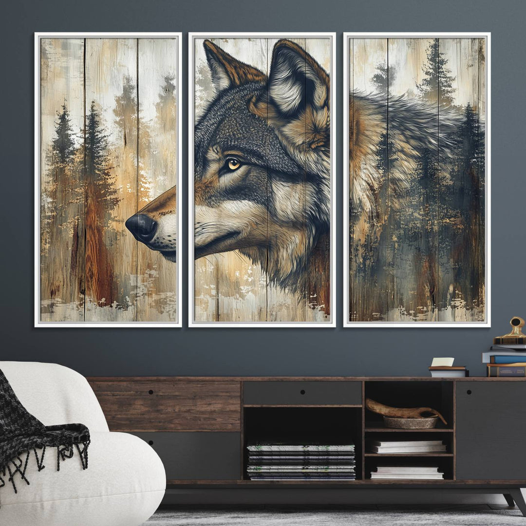 A kitchen dining area features Rustic Wolf Wall Art.