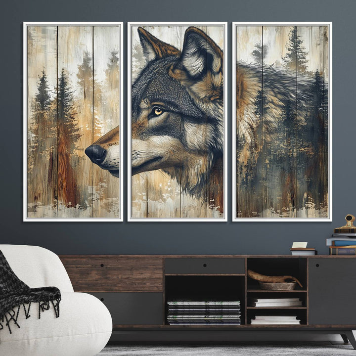 A kitchen dining area features Rustic Wolf Wall Art.