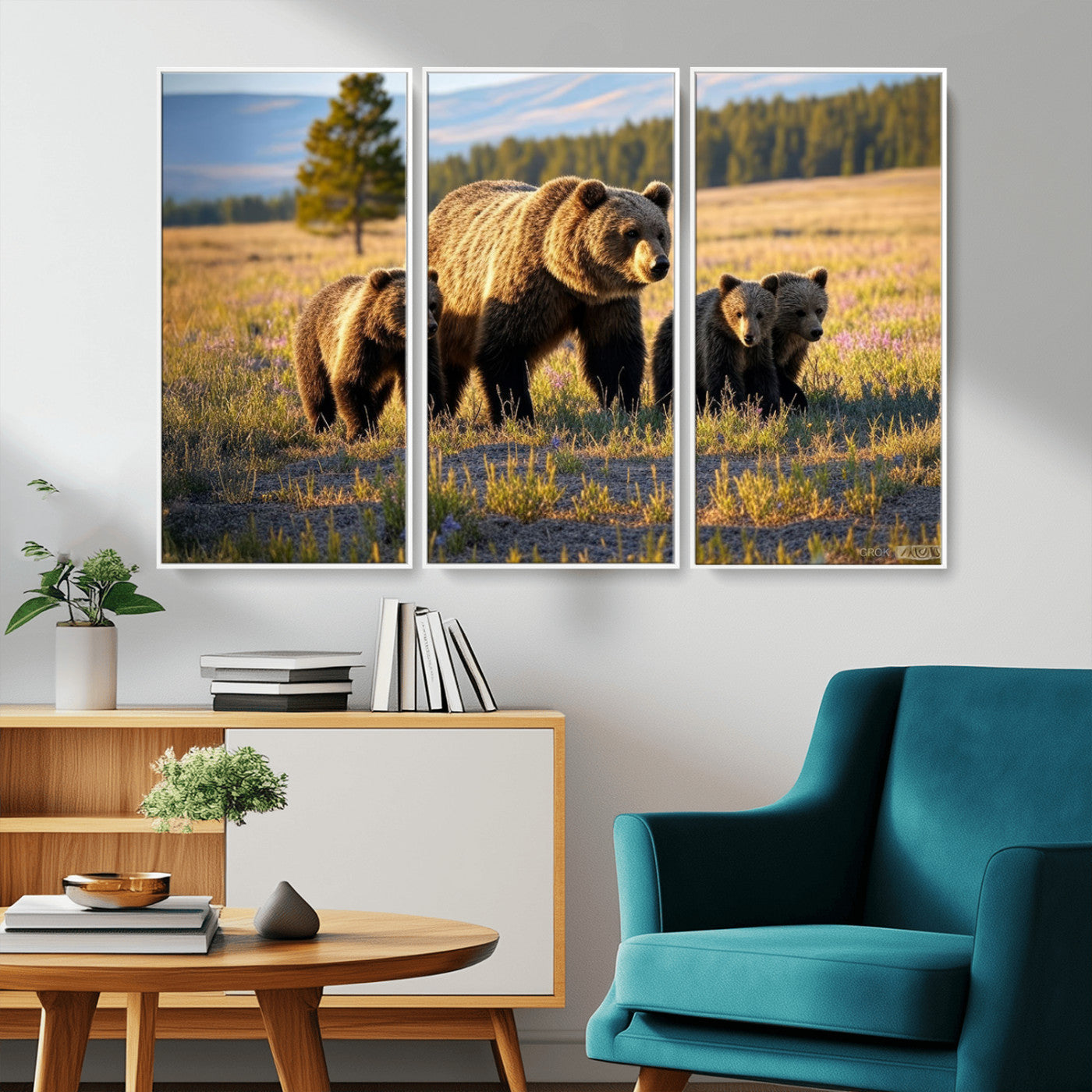 MGV-FC-48X32-3P - Grizzly 399 in Wild Flowers Wall Art Canvas Print, Grizzly Bears Wall Art, Queen of Grand Teton