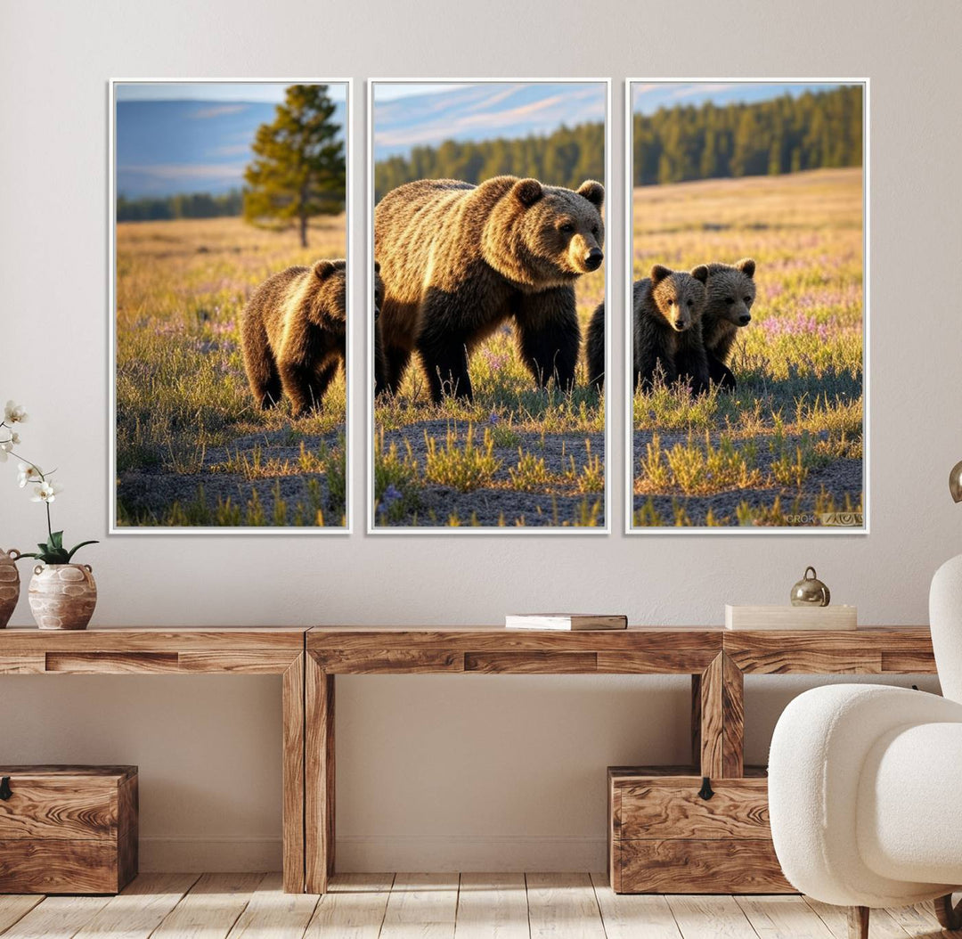 The dining room showcases the Grizzly 399 in Wild Flowers wall art.