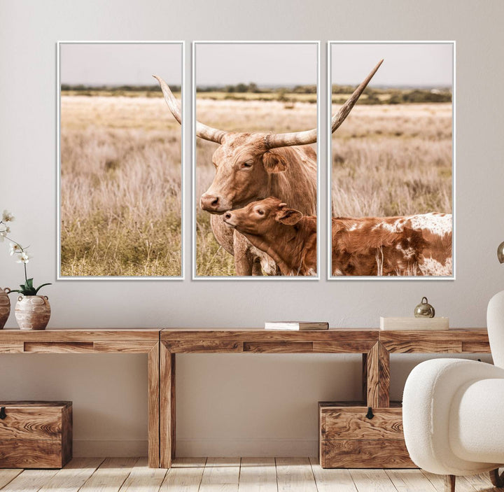 Dining area featuring a Texas Longhorn Cow Wall Art Canvas Print.