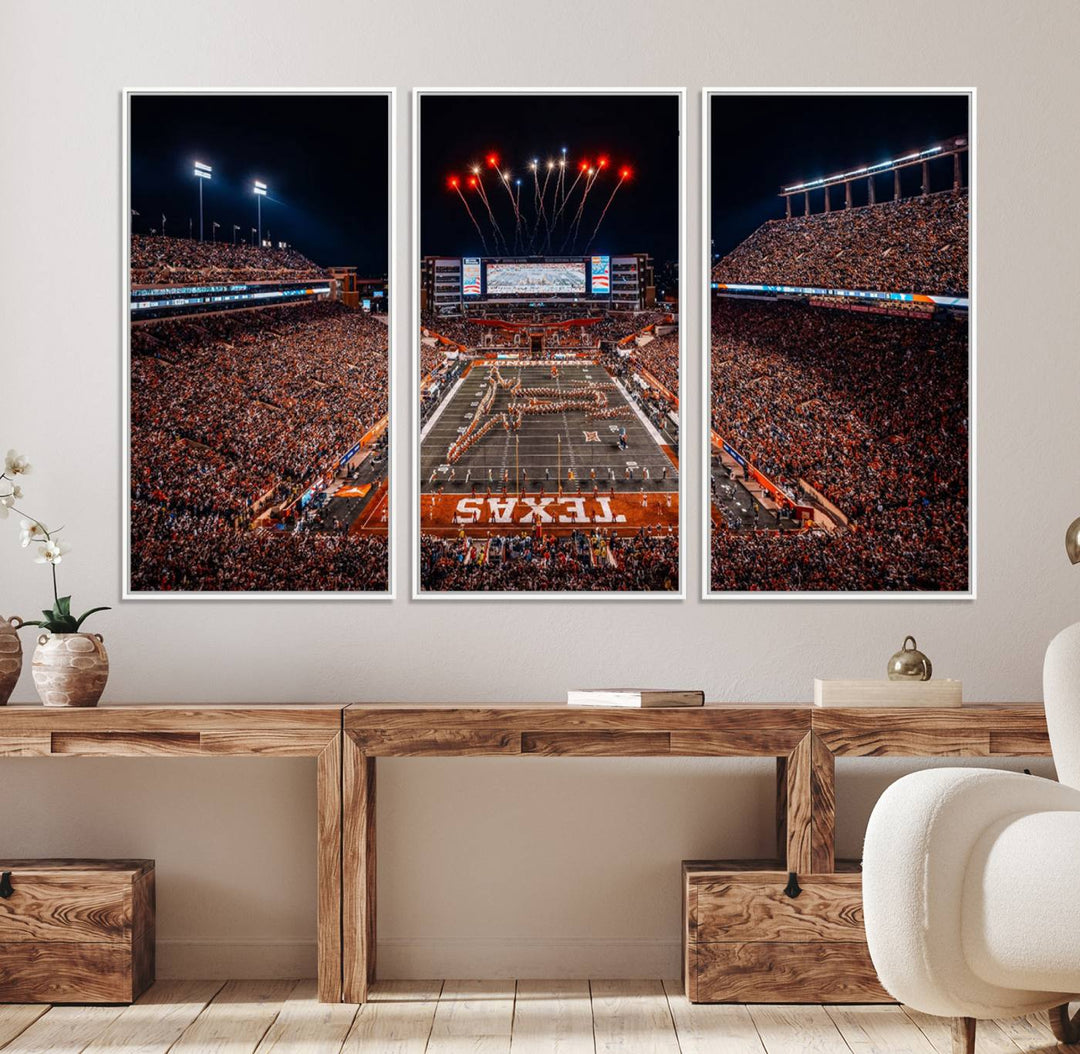 A Texas Memorial Stadium canvas print with fireworks embellishes the modern living room.