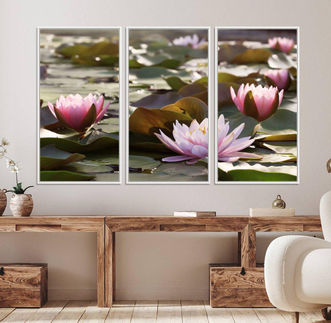 The dining room features the Water Lily Large Canvas Print.