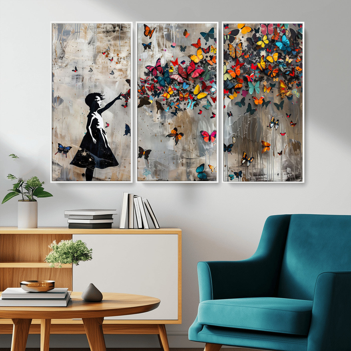 MGV-FC-48X32-3P - Banksy Butterfly Girl Wall Art | 3-Piece Butterfly Girl Canvas