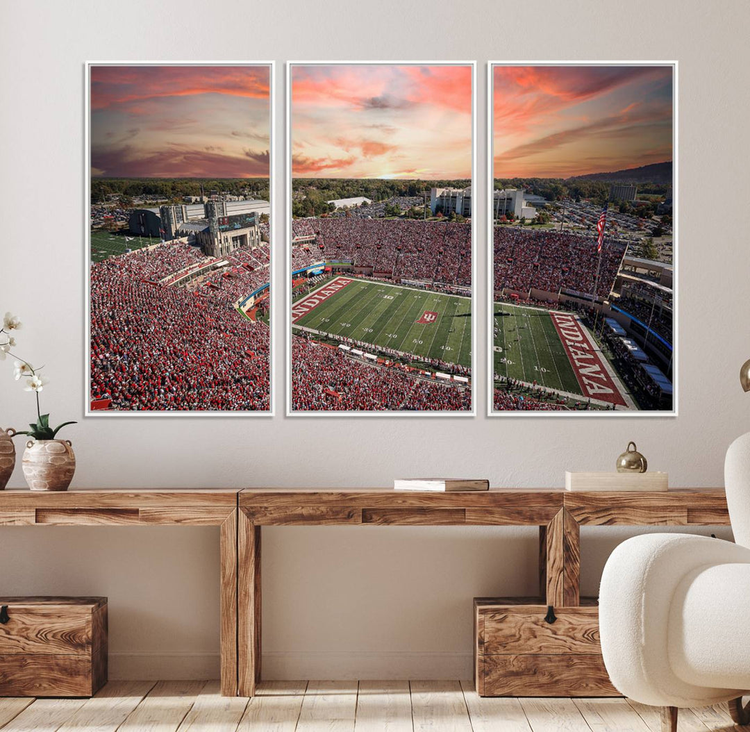 Gallery-quality Indiana Memorial Stadium Wall Art Canvas: A stunning view of the stadium at sunset.