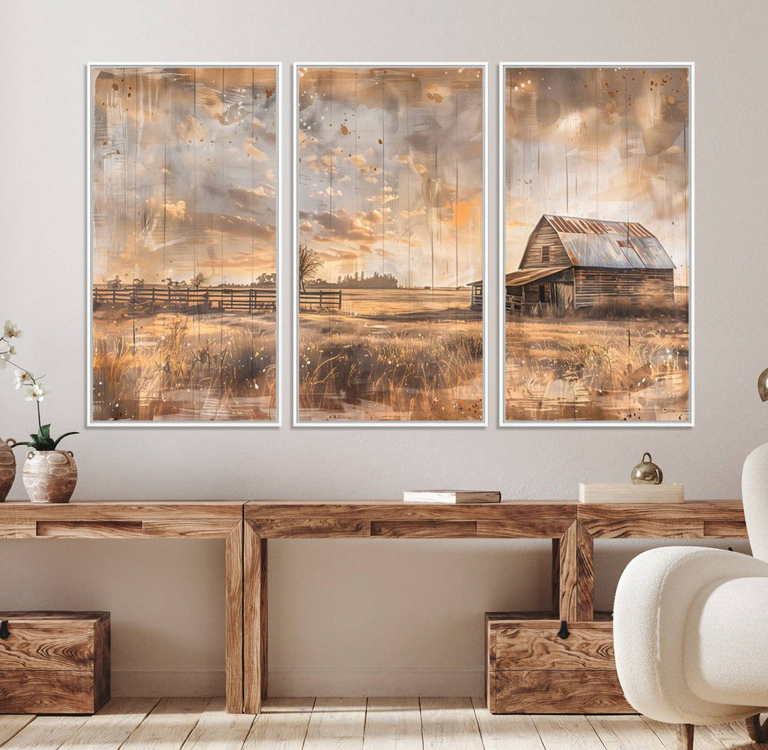 Rustic Farmhouse Wall Art Canvas depicting a barn under a cloudy sky.