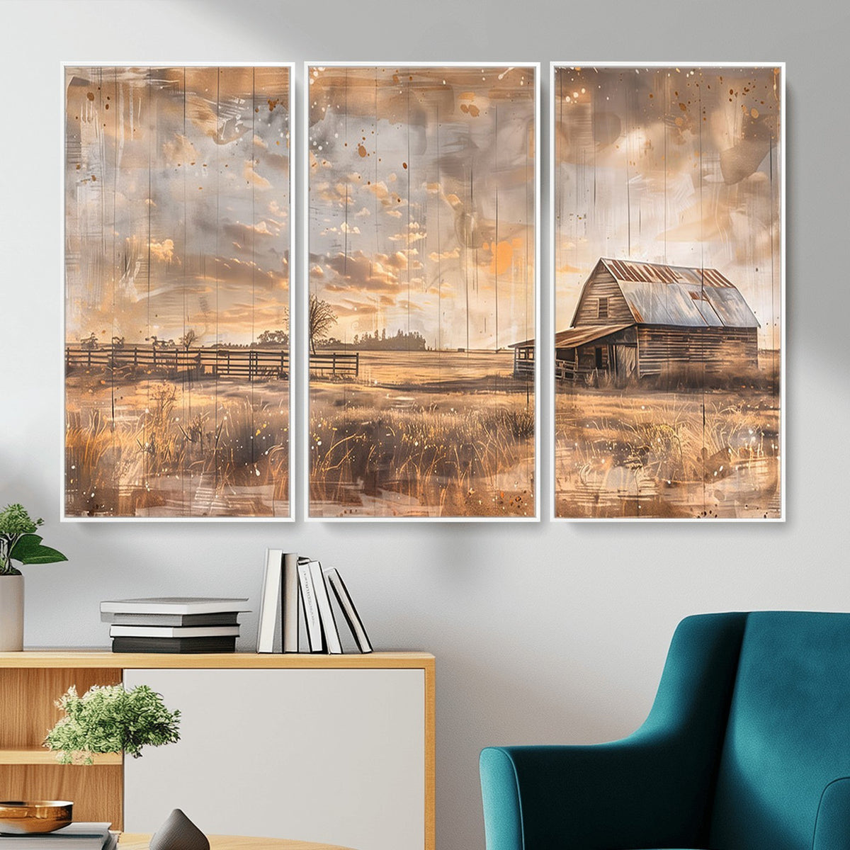 FARM2-MGV-CV-24X16 - Rustic Farmhouse Wall Art Canvas Print | Barn and Field Vintage Country Landscape