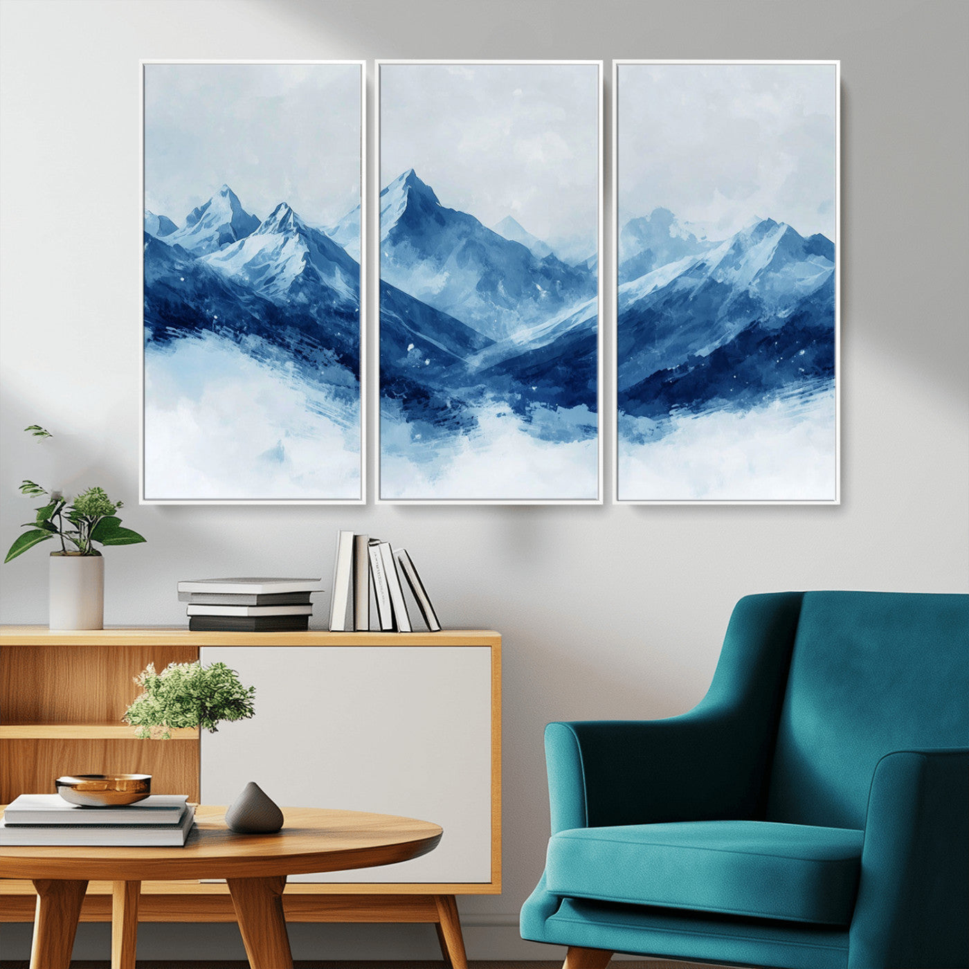 Peaceful watercolor-style painting of snowy blue mountains in soft tones, perfect for winter-themed or minimalist wall decor.