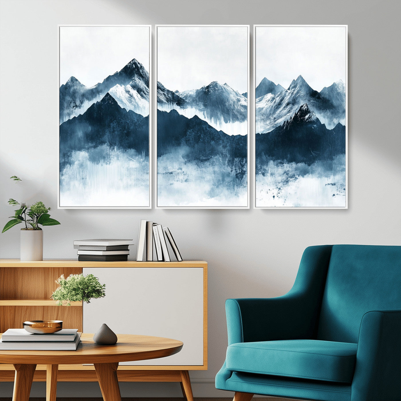 Abstract blue-toned canvas of snowy mountains in misty tones, ideal for minimalist or moody alpine-inspired home decor.