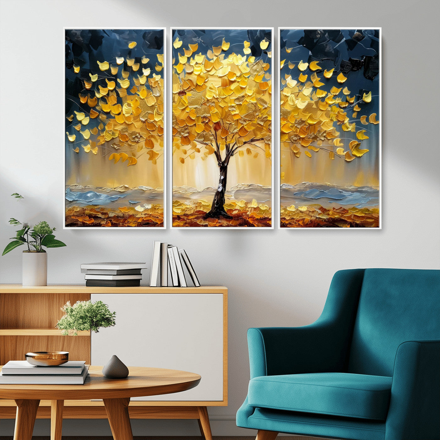 Canvas of a golden autumn tree with textured brushstrokes and moody blue skies, perfect for dramatic and vibrant home decor.
