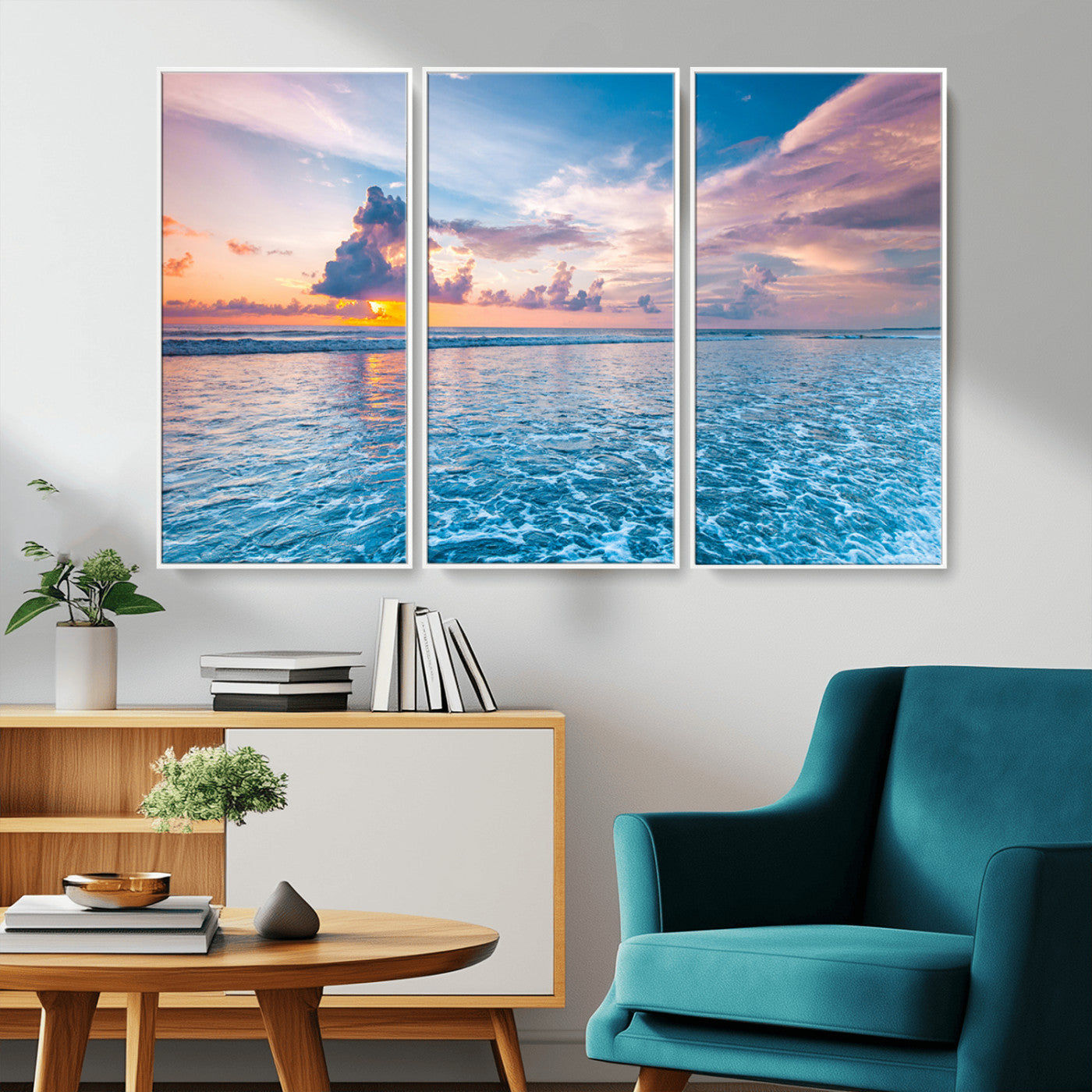 36641-MGV-FC-48X32-3P_White-Ocean Sunset Canvas Wall Art Print - Tranquil Seascape with Vibrant Sky and Rolling Waves Canvas Print - Coastal Wall Decor for Home or