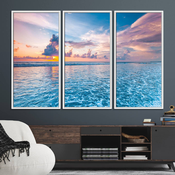 An Ocean Sunset Canvas Wall Art depicting a vibrant sky and rolling waves.