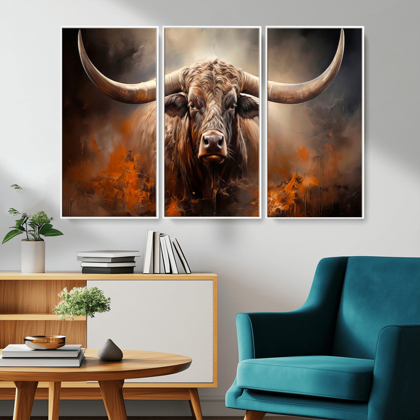MGV-FC-48X32-3P - Highland Bull Canvas Abstract Canvas Wall Art Print – Powerful Highland Bull with Striking Horns in