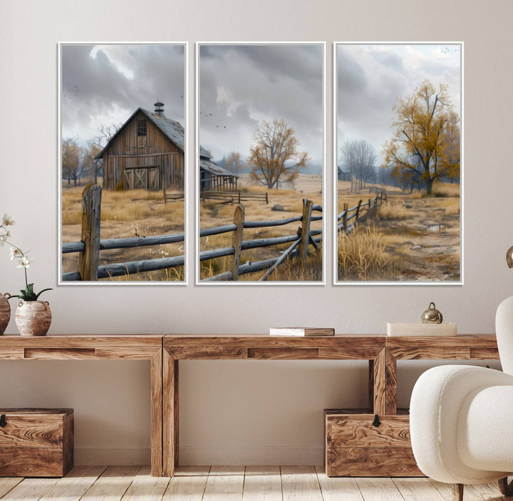 Rustic Autumn Farmhouse Wall Art – Weathered Barn & Trees Canvas Print, featuring a serene scene with birds in the sky. This piece is ready to hang.