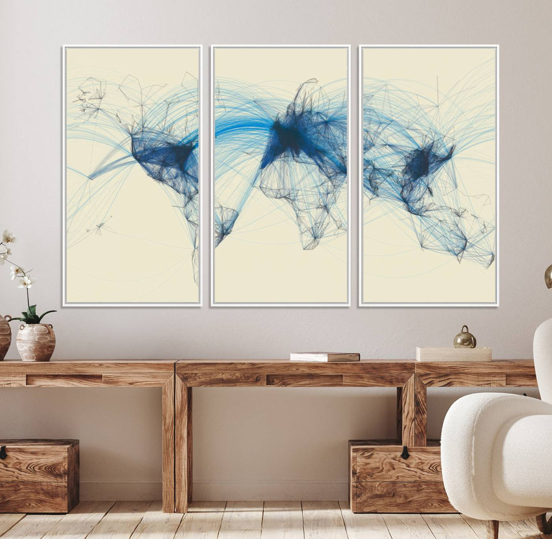 Flight Routes Map: Air Traffic Avi World Map featuring blue lines symbolizing global data. Ideal for home decor and ready to hang.